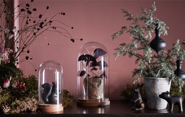 The top of a display cabinet is decorated with greenery, flowers and glass domes.