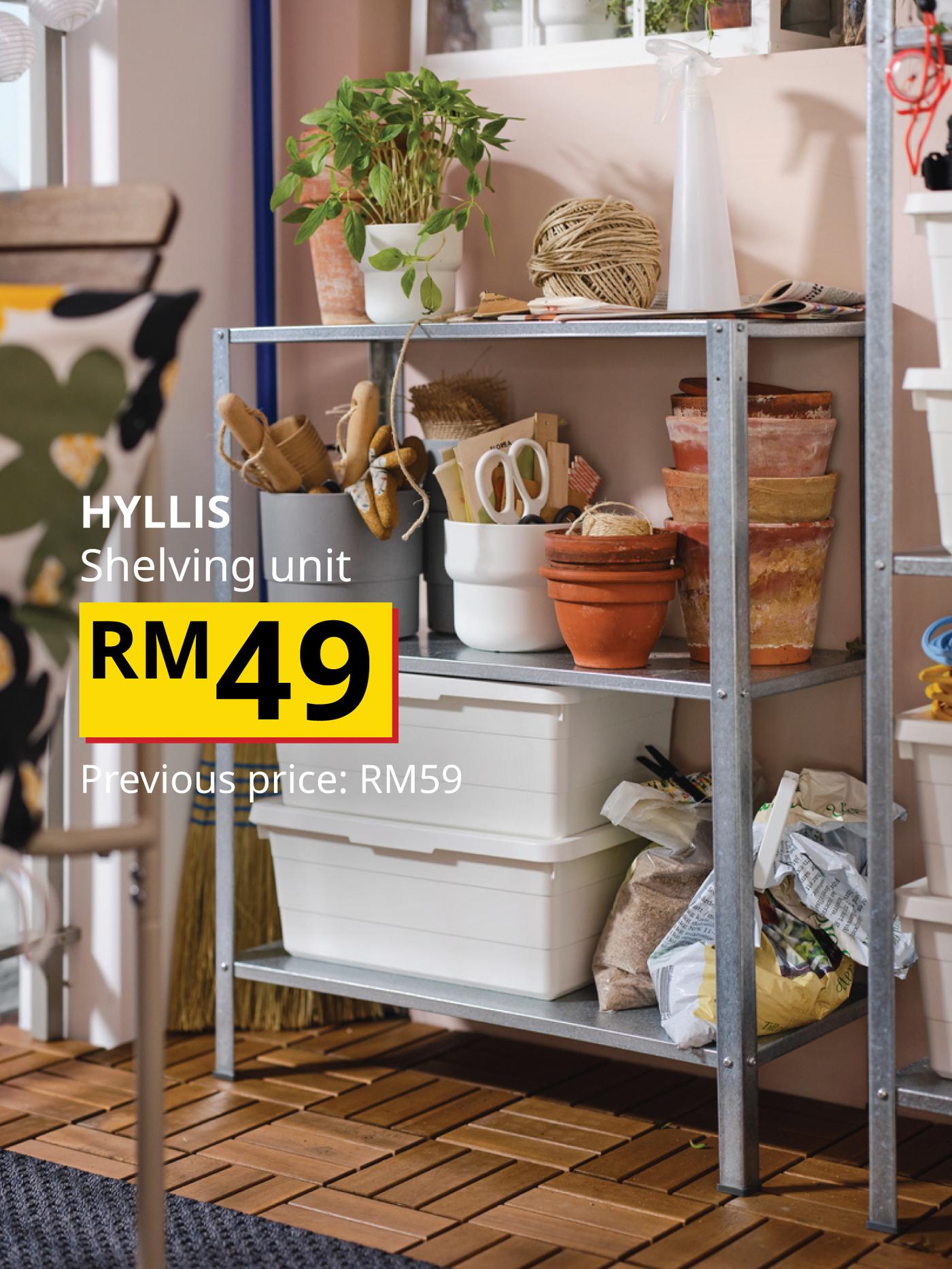 The visual features a HYLLIS shelving unit holding plants, pots, storage boxes and gardening accessories, priced at RM49, previously RM59.