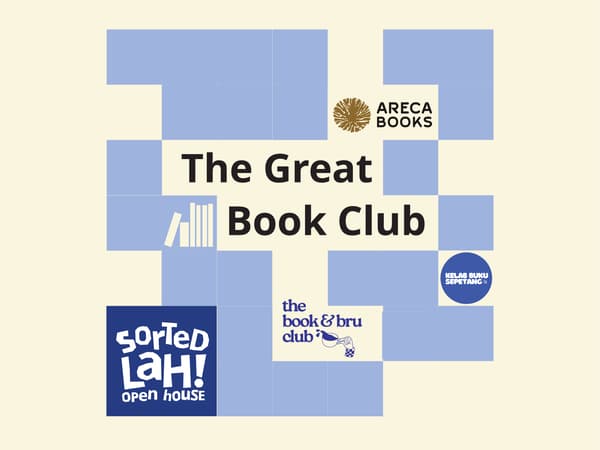 The visual features a light blue grid design with a book illustration and the text “The Great Book Club”, alongside the “Sorted Lah! Open House” logo and book club logos.