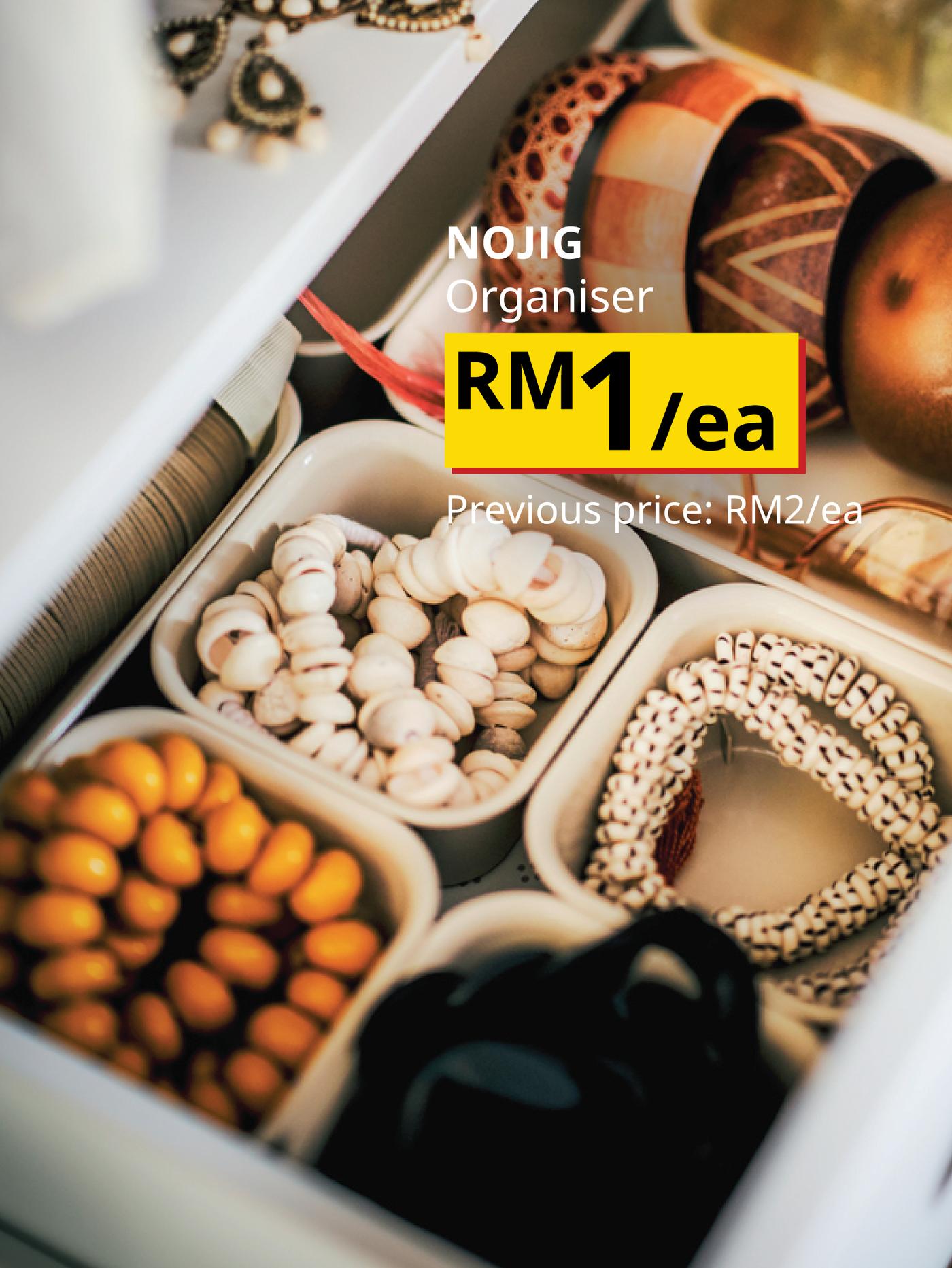The visual features a NOJIG organiser holding accessories and small storage products, priced at RM1 each, previously RM2 each.