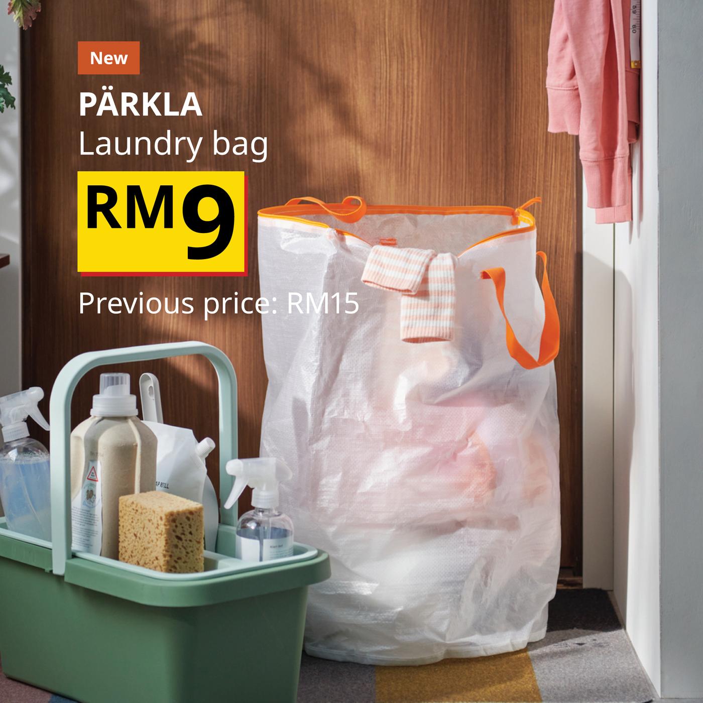 The visual features a PÄRKLA laundry bag with orange handles beside laundry and cleaning products. The text reads “New”, “PÄRKLA Laundry bag”, RM9 and “Previous price: RM15”.