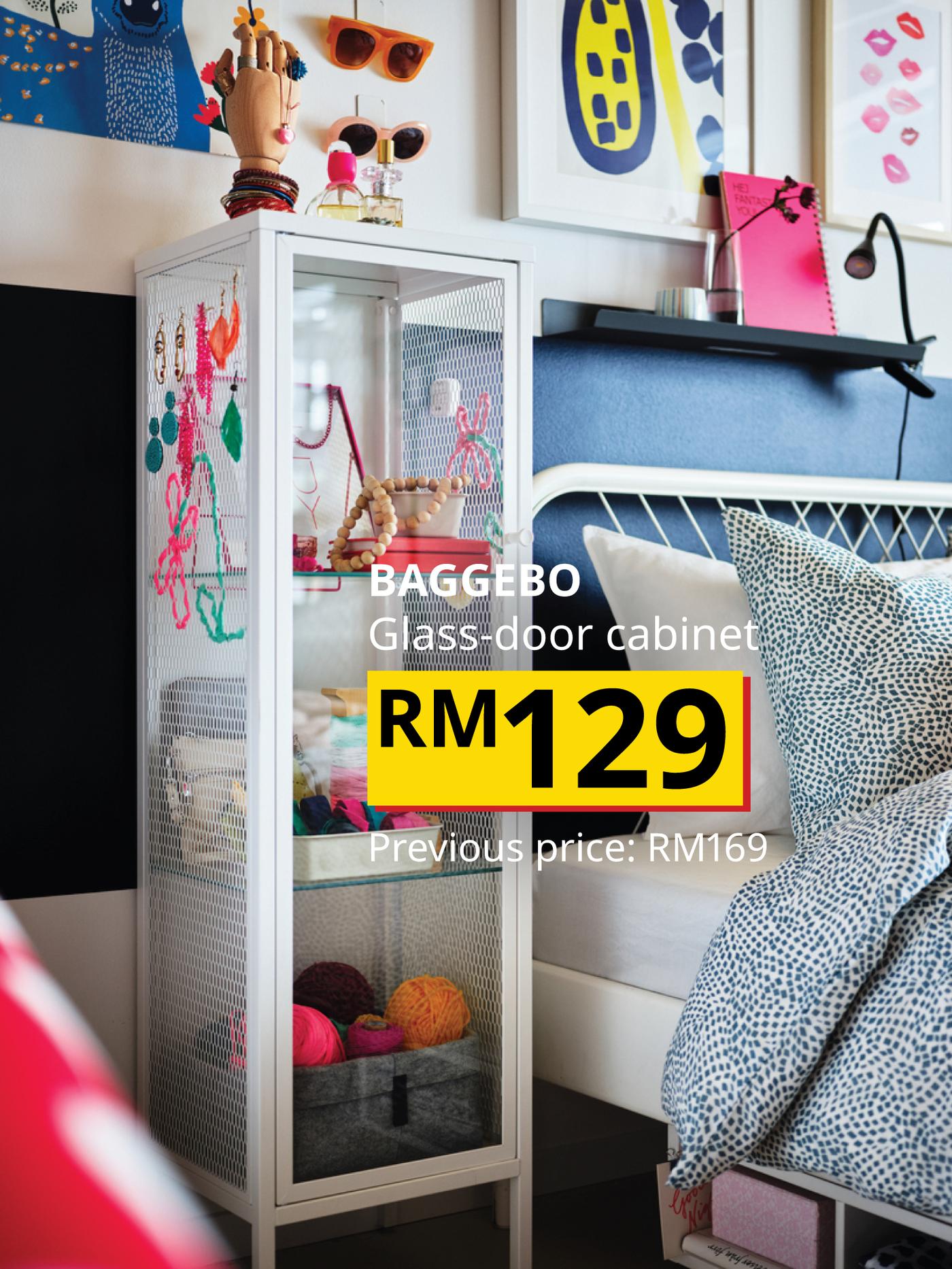 The visual features a white BAGGEBO glass-door cabinet displaying colourful accessories and decorations, priced at RM129, previously RM169.