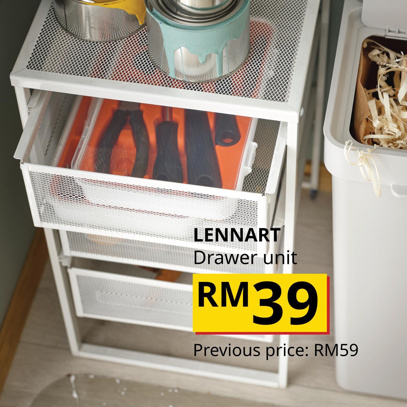 The visual features a white LENNART drawer unit with mesh drawers, priced at RM39, previously RM59.