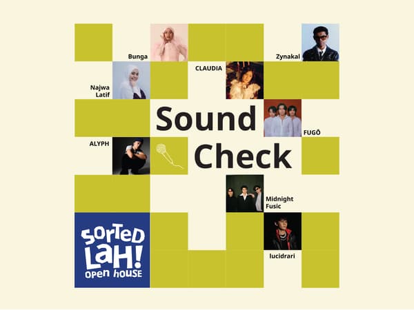 The visual features a yellow-green and pink grid design with photographs of performers and the text “Sound Check”, alongside the “Sorted Lah! Open House” logo.
