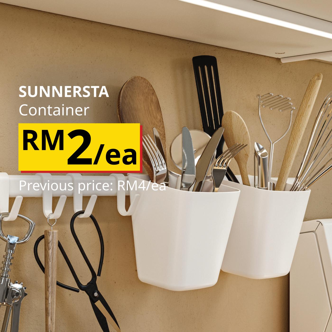 The visual features white SUNNERSTA containers hanging from a kitchen rail, holding cooking utensils and kitchen tools, priced at RM2 each, previously RM4 each.