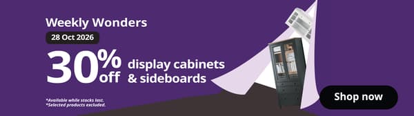 The visual featuring HEMNES display cabinets and HAUGA sideboards on a purple background reads “Weekly Wonders”, “28 Oct 2026” and “30% off display cabinets & sideboards”. Small print reads “Available while stocks last. Selected products excluded.”
