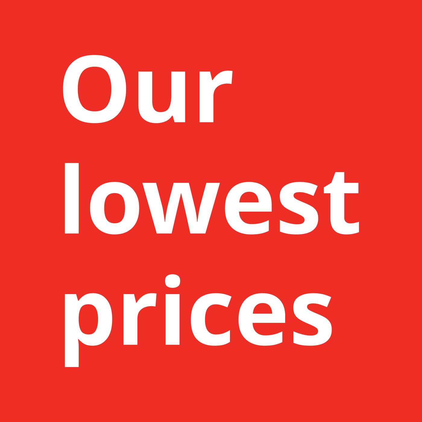 The visual has a red background with white text that reads: “our lowest prices”