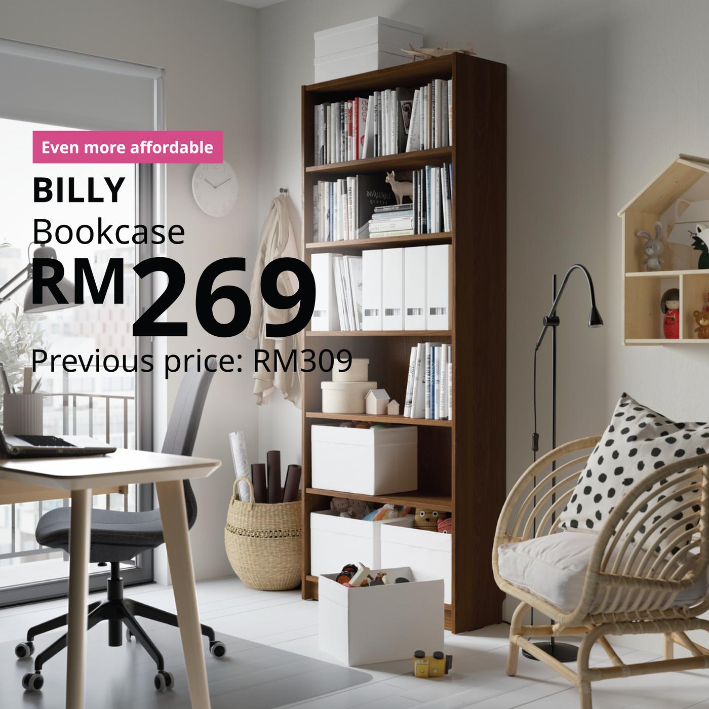 The visual shows a BILLY bookcase filled with books and storage items in a home workspace. The text reads: “Even more affordable. BILLY bookcase, RM269. Previous price: RM309.”