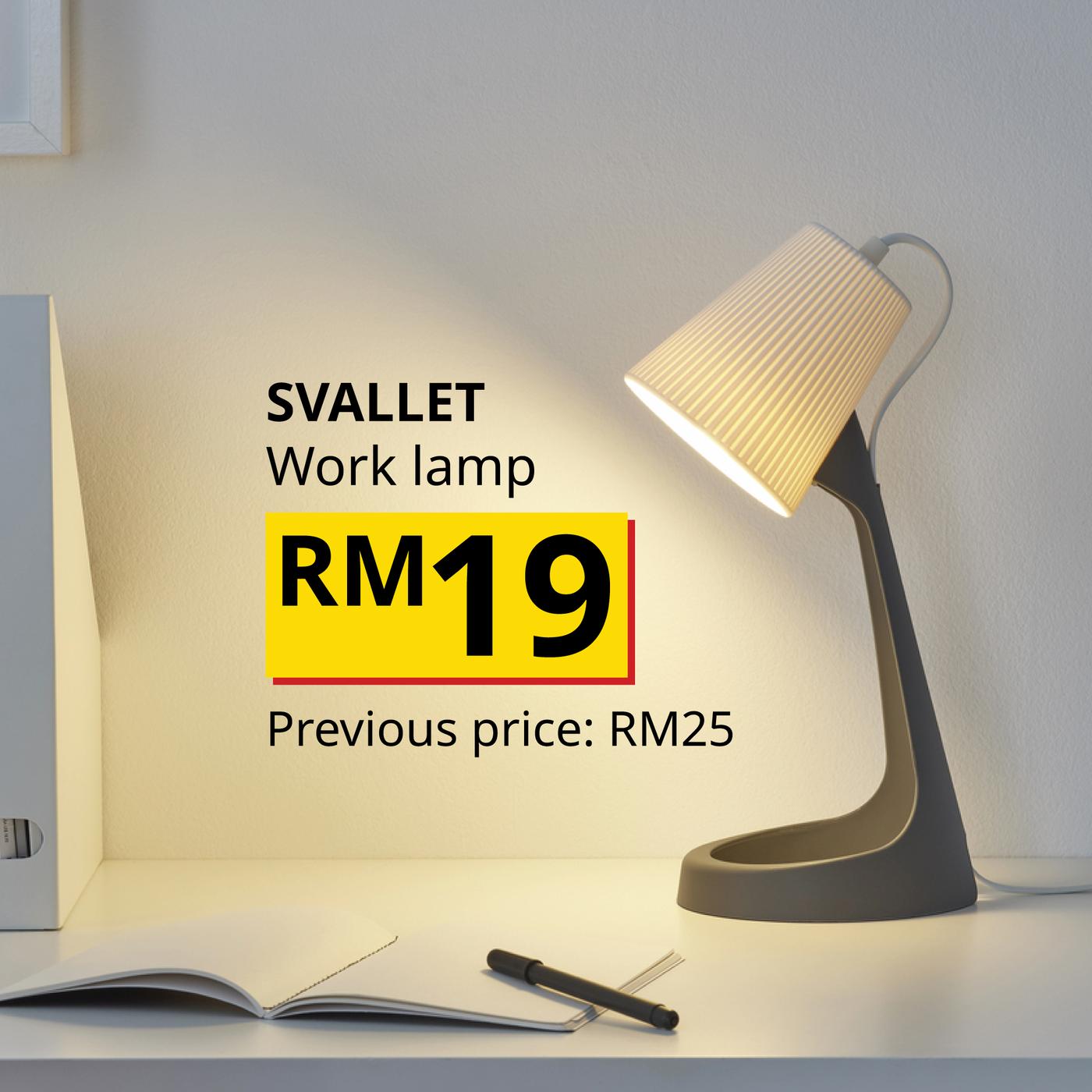 The visual shows a SVALLET work lamp with a warm light illuminating an open book and writing tools. The text reads: “SVALLET Work lamp, RM19. Previous price: RM25.”