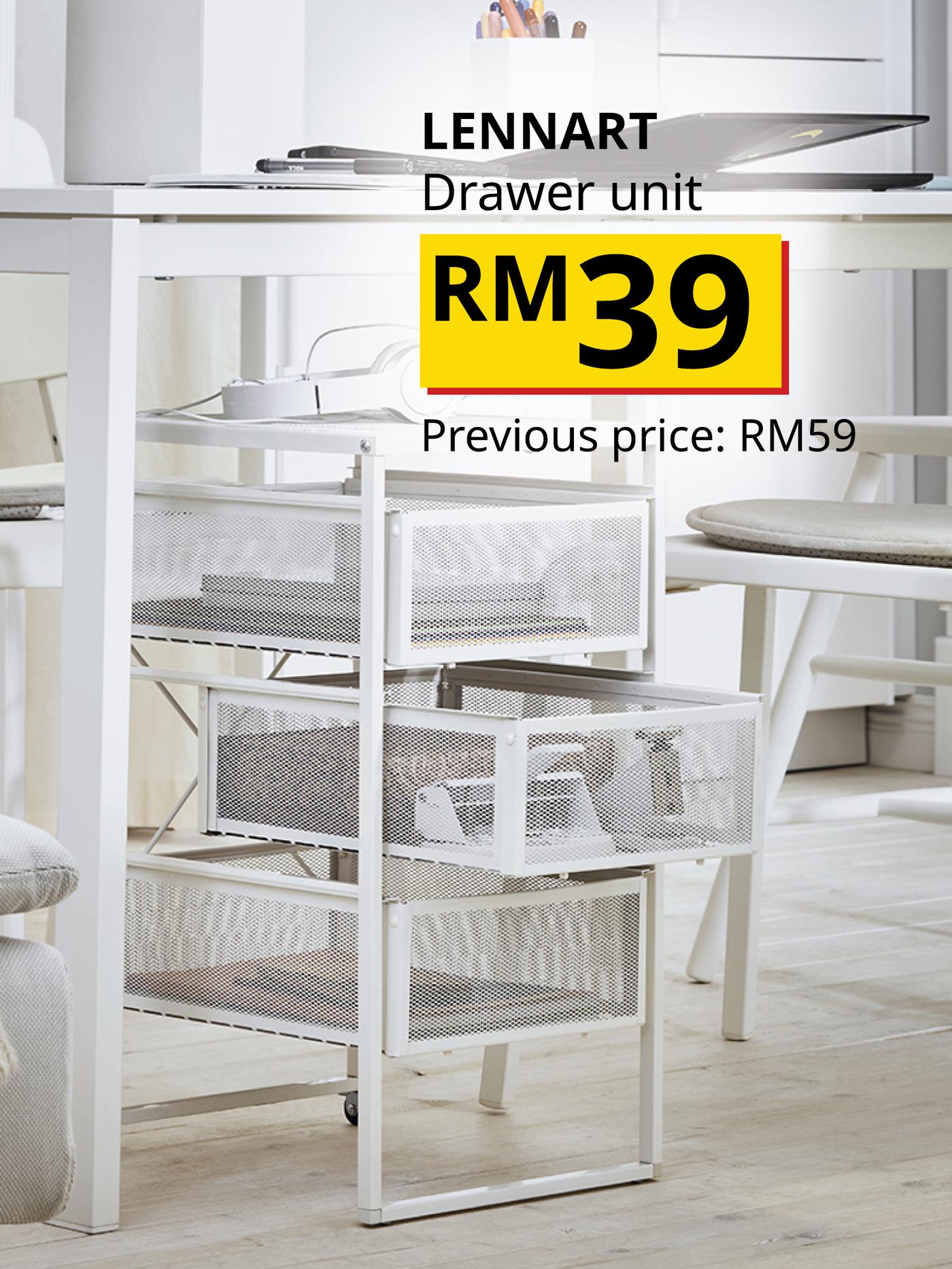 The visual shows a white LENNART drawer unit with three mesh drawers placed under a white desk in a bright home workspace. The text reads: “LENNART Drawer unit, RM39. Previous price: RM59.”