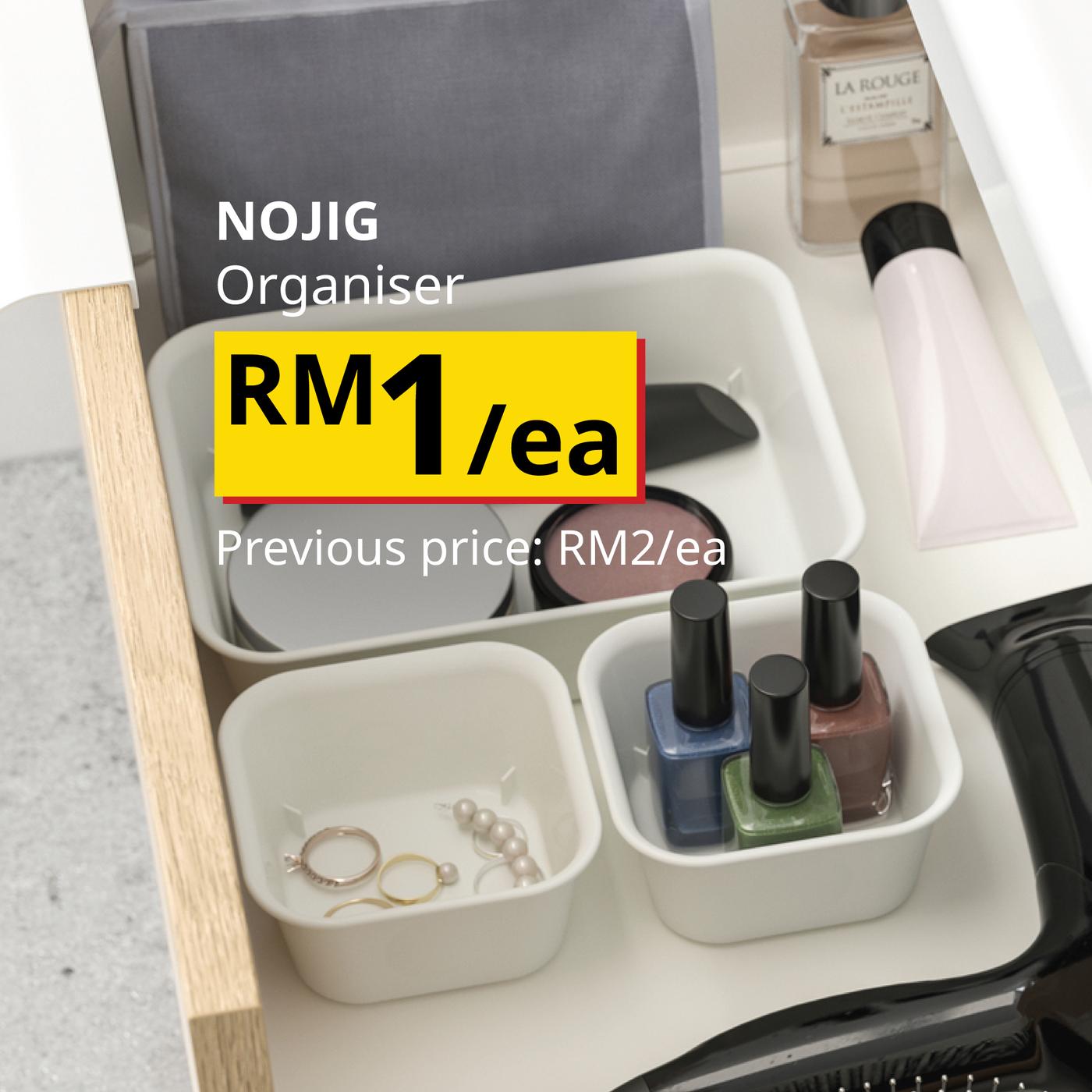 The visual shows white NOJIG organisers containing cosmetics, jewellery and other small accessories. The text reads: “NOJIG Organiser, RM1 each. Previous price: RM2 each.”