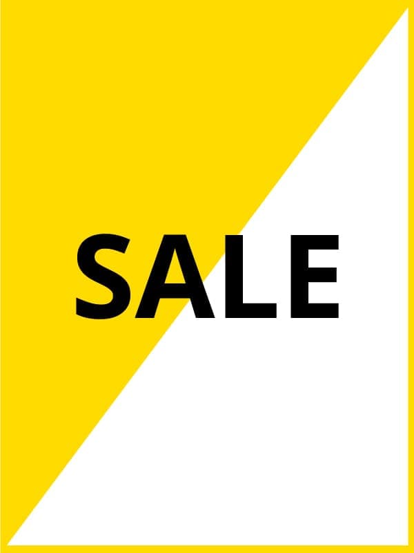 The word sale is overlayed on a yellow and white slashed background.