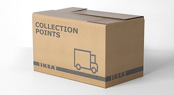 The words Collection Points IKEA printed on the side of a cardboard box.