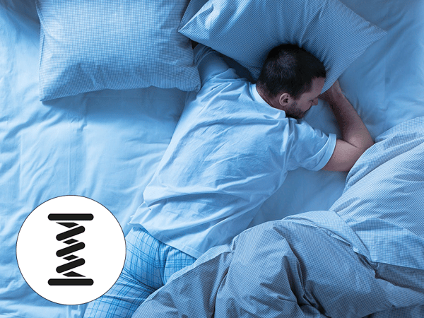 There's a man lying on his bed sleeping face down and an icon of a Bonnell Spring mattress.