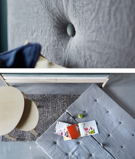 This cool sofa is made using fabric-covered mattresses. Its stylish backrest hangs on the wall and can easily be taken down for floor lounging. Here is how to make it.