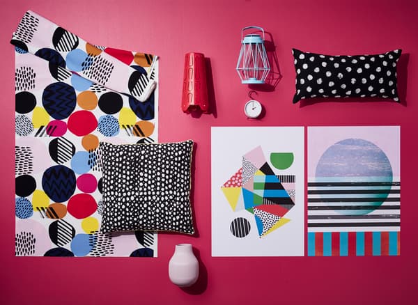 This IKEA IDEAS spring trends mood board shows off dots and a graphical print look, and how to combine them for a colourful up-to-date look a home.