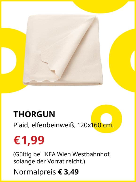 THORGUN Plaid, elfenbeinweiß, 120x160 cm für €1,99 statt €3,49. Gültig bei IKEA Wien Westbahnhof, solange der Vorrat reicht.