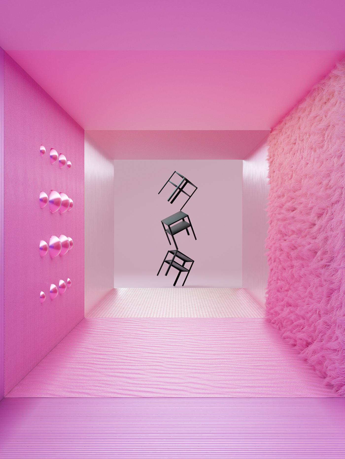 Three, black, KNARREVIK bedside tables balance on top of each other, one-legged, at the end of a pink corridor.