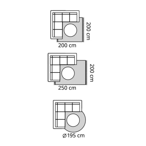 Three different floor plans of a corner sofa are shown, each with dimensions in centimeters.