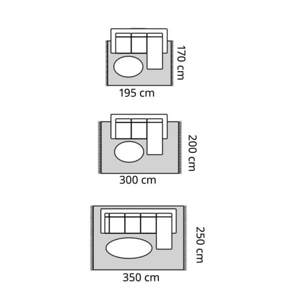 Three different living room layouts are shown, each with the dimensions of rugs and furniture.