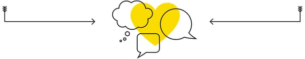 Three different speech bubbles superimposed over a yellow heart