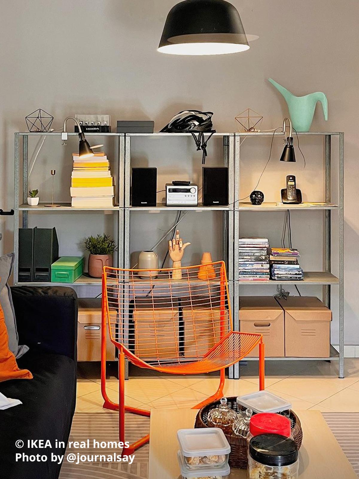 Three galvanised HYLLIS shelving unit is being utilised as display shelving in a living room setting. IKEA in real homes Photo by @journalsay