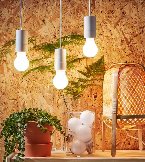 Three LEDARE bulbs hanging from white cords against a cork wall.