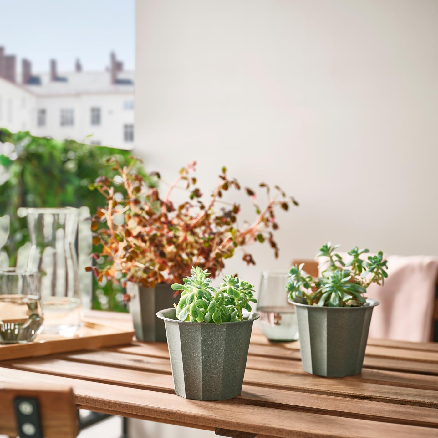 Three plant pots on the outdoor table
