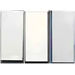 Three sets of white blinds next to eachother against a white background.