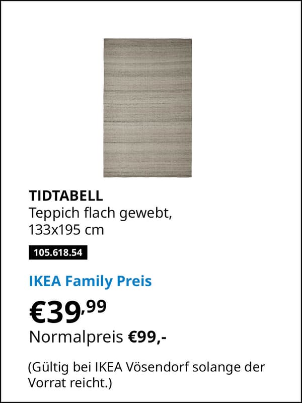 TIDTABELL Teppich flach gewebt, grau, 133x195 cm 105.618.54 statt € 99,- zum IKEA Family Preis von € 39,99 