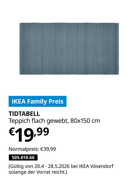 TIDTABELL Teppich flach gewebt, graublau, 80x150 cm  statt € 39,99 zum IKEA Family Preis von € 19,99