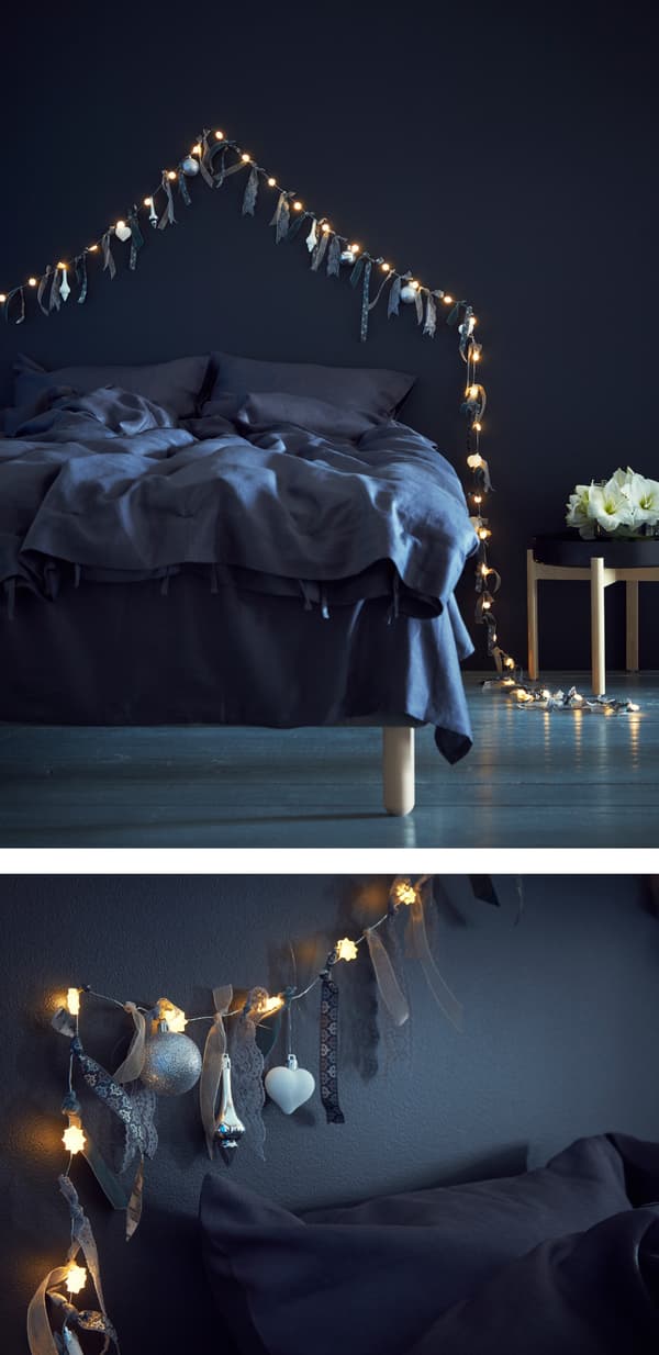 Tie ribbons and feathers to a light chain for a whimsical touch, and hang it above your bed as a headboard.