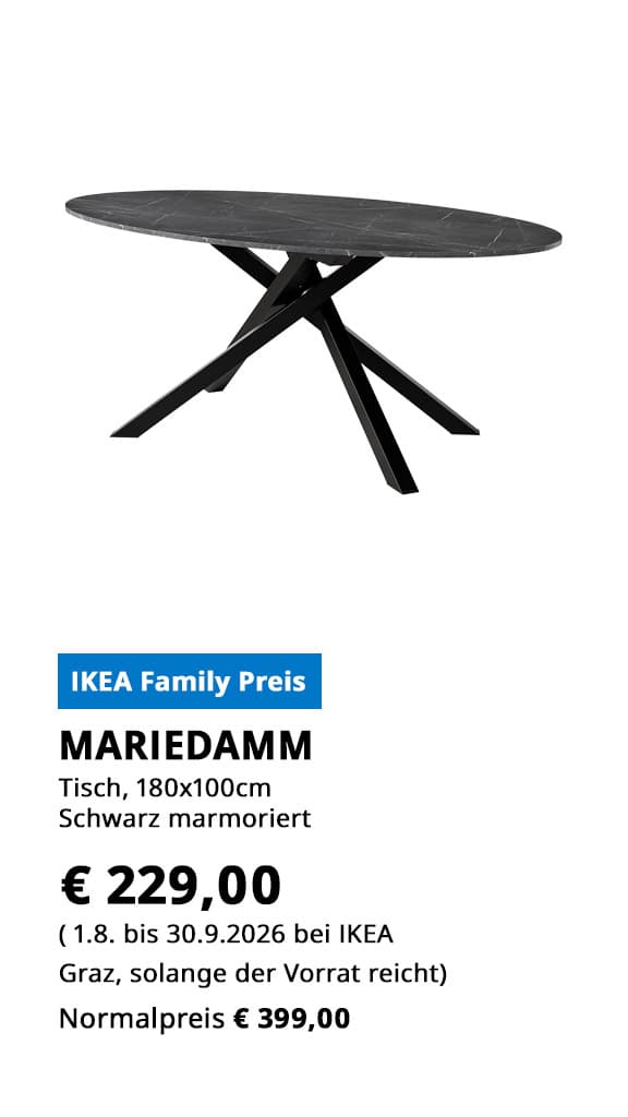 Tisch MARiEDAMM, 180x100cm, schwarz marmoiert, statt € 399 zum IKEA Family Preis von € 229.