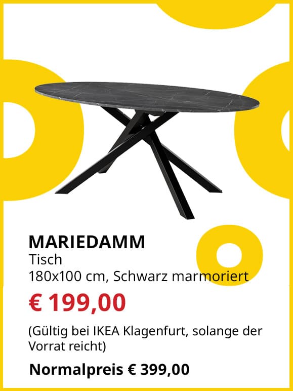 Tisch Mariedamm, 180x100cm, schwarz, marmoriert, statt € 399 um € 199.