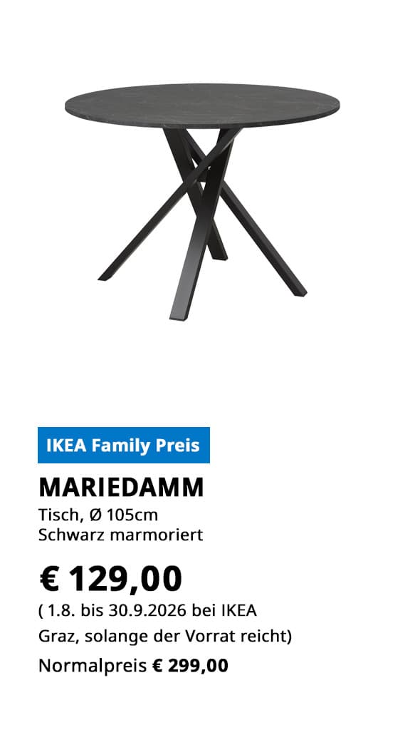 Tisch MARiEDAMM, Durchmesser 105cm, schwarz marmoiert, statt € 299 zum IKEA Family Preis von €129.