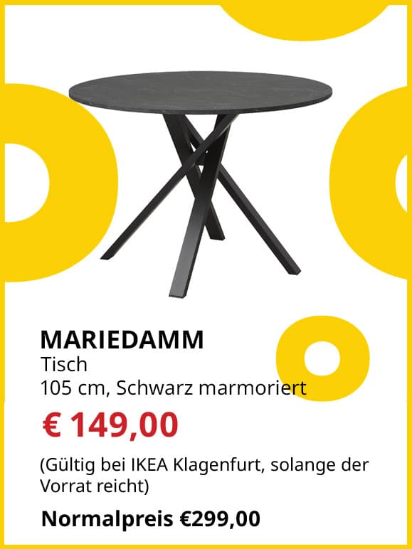 Tisch Mariedamm, Durchmesser 105cm, schwarz, marmoriert, statt € 299 um € 149.