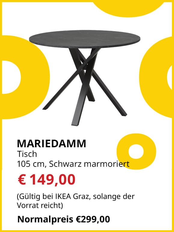 Tisch Mariedamm, Durchmesser 105cm, schwarz, marmoriert, statt € 299 um € 149.