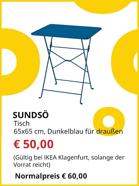 Tisch Sundsö, dunkelblau, 65x65cm, für außen, statt € 60 um € 50.