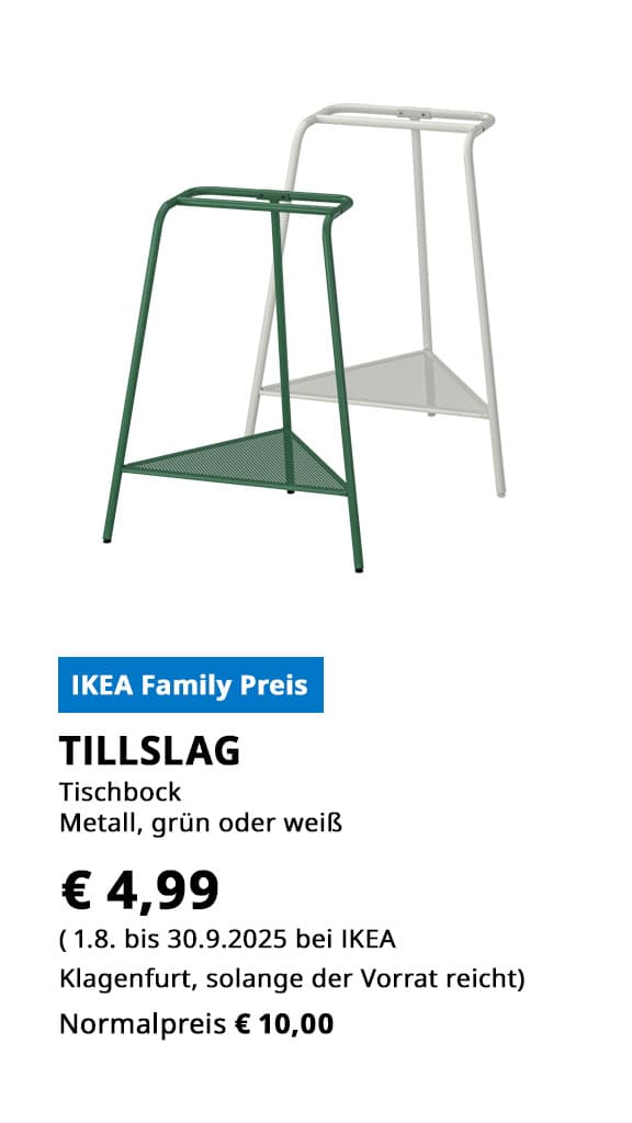 Tischbock Tillslag, Metall, in grün oder weiß, statt € 10 zum IKEA Family Preis von € 4,99.
