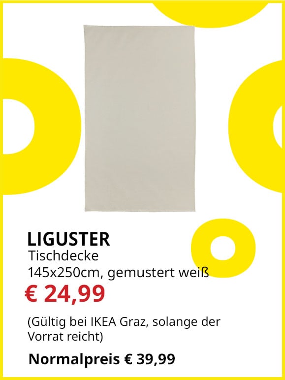 Tischdecke Liguster, 145x240cm, gemustert weiß, statt € 39,99 um € 24,99.