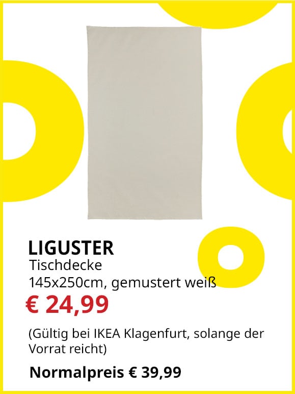 Tischdecke Liguster, 145x240cm, gemustert weiß, statt € 39,99 um € 24,99.