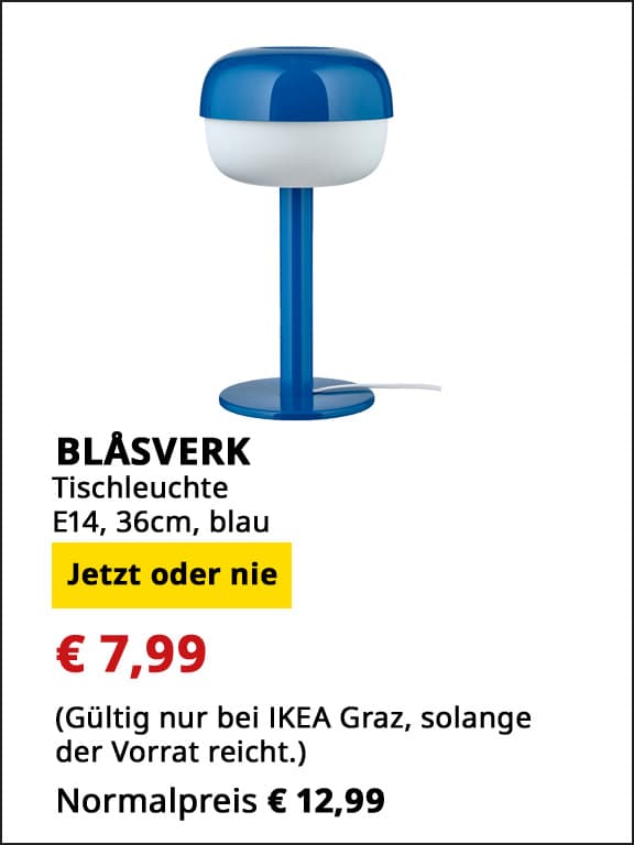 Tischleuchte Blåsverk, E14, 36cm hoch, blau, statt € 12,99 um € 7,99.