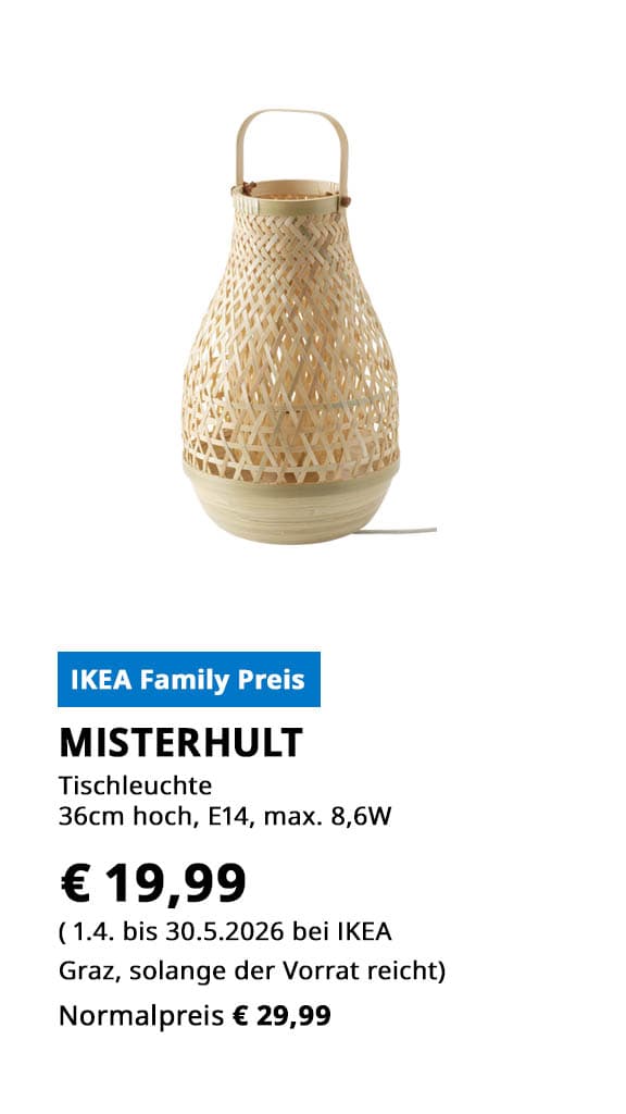 Tischleuchte Misterhult, 36cm hoch, E14, max. 8,6 Watt, Bambus, statt € 29,99 zum IKEA FAMILY Preis von € 19,99.