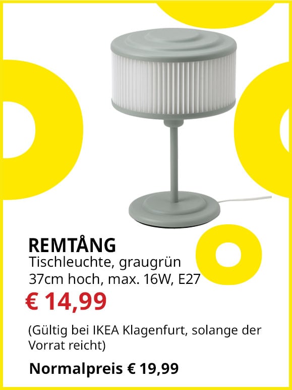 Tischleuchte Remtång, 37cm hoch, graugrün, E27, max. 16W, statt € 19,99 um € 14,99.