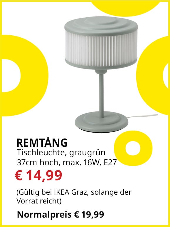 Tischleuchte Remtång, 37cm hoch, graugrün, E27, max. 16W, statt € 19,99 um € 14,99.