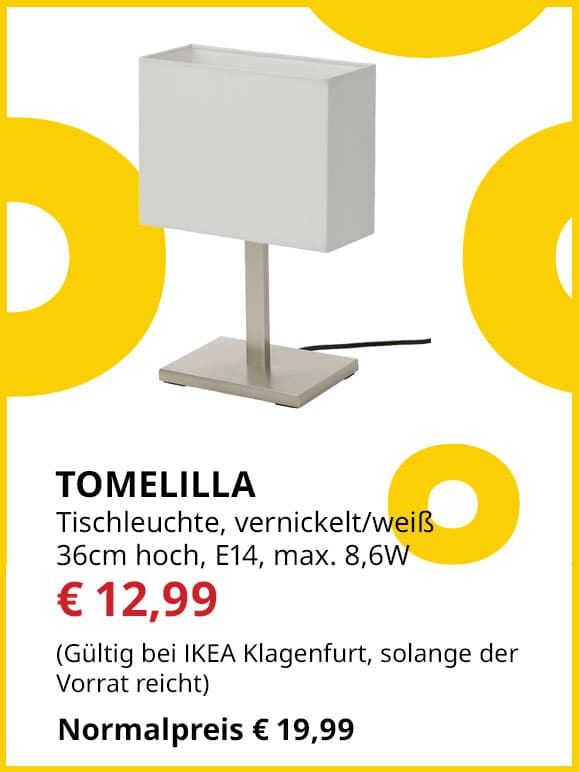 Tischleuchte Tomelilla, vernickelt/weiß, 38cm  hoch, E14, max. 8,6W, statt € 19,99 um € 12,99.