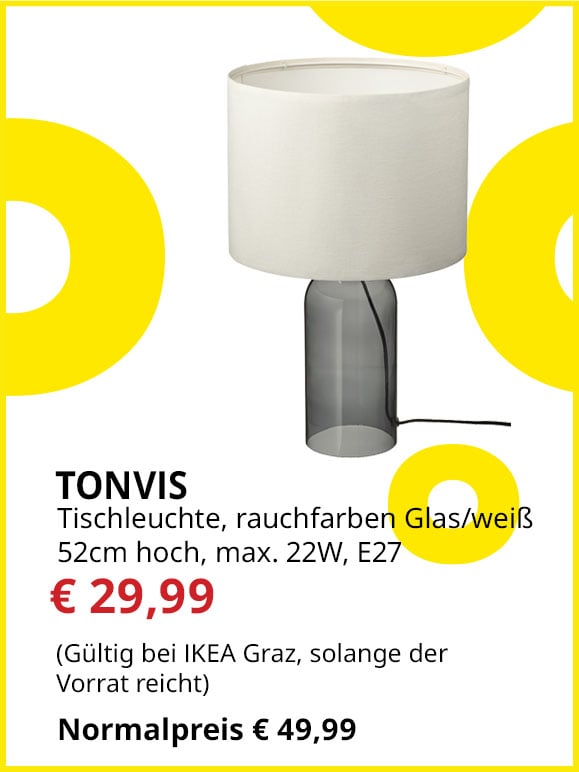 Tischleuchte Tonvis, rauchfarben Glas/ weiß, E27, max. 22W, statt € 49,99 um € 29,99.