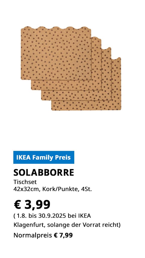 Tischset Solabborre, 42x32cm, Kork mit Punkten, 4 Stück, statt €  7,99 zum IKEA Family Preis von € 3,99.