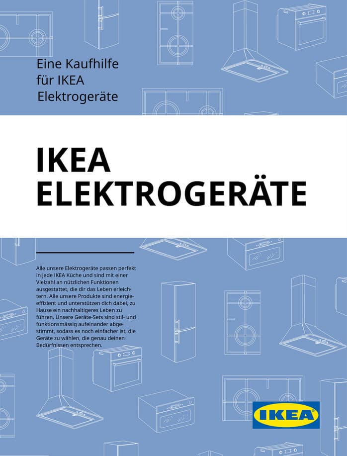 Titelseite mit blauem Hintergrund, Geräteskizzen in Weiss, weissem Mittelteil und IKEA-Logo unten rechts.