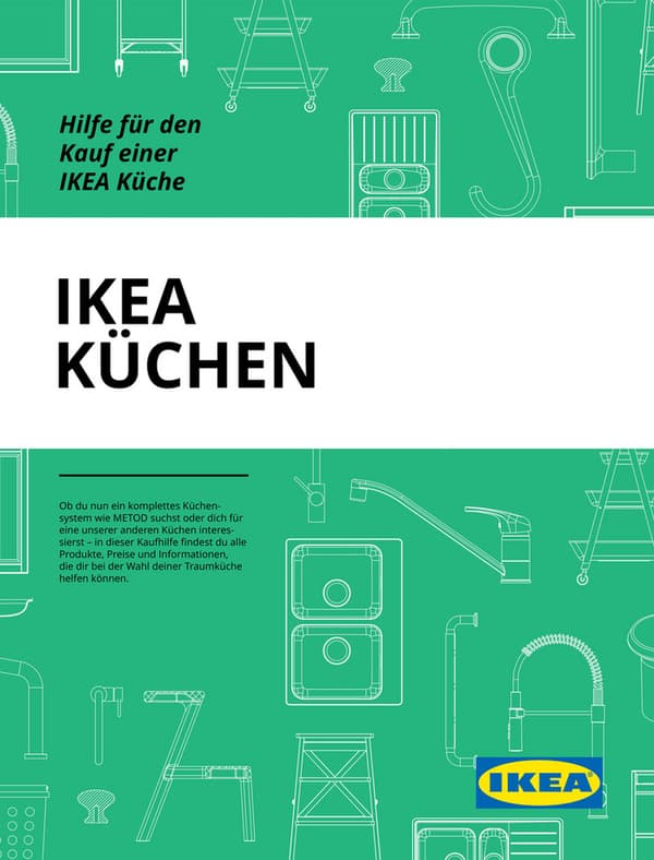 Titelseite mit grünem Hintergrund, Küchenzeichnungen in Weiss, weissem Mittelteil und IKEA-Logo unten rechts.